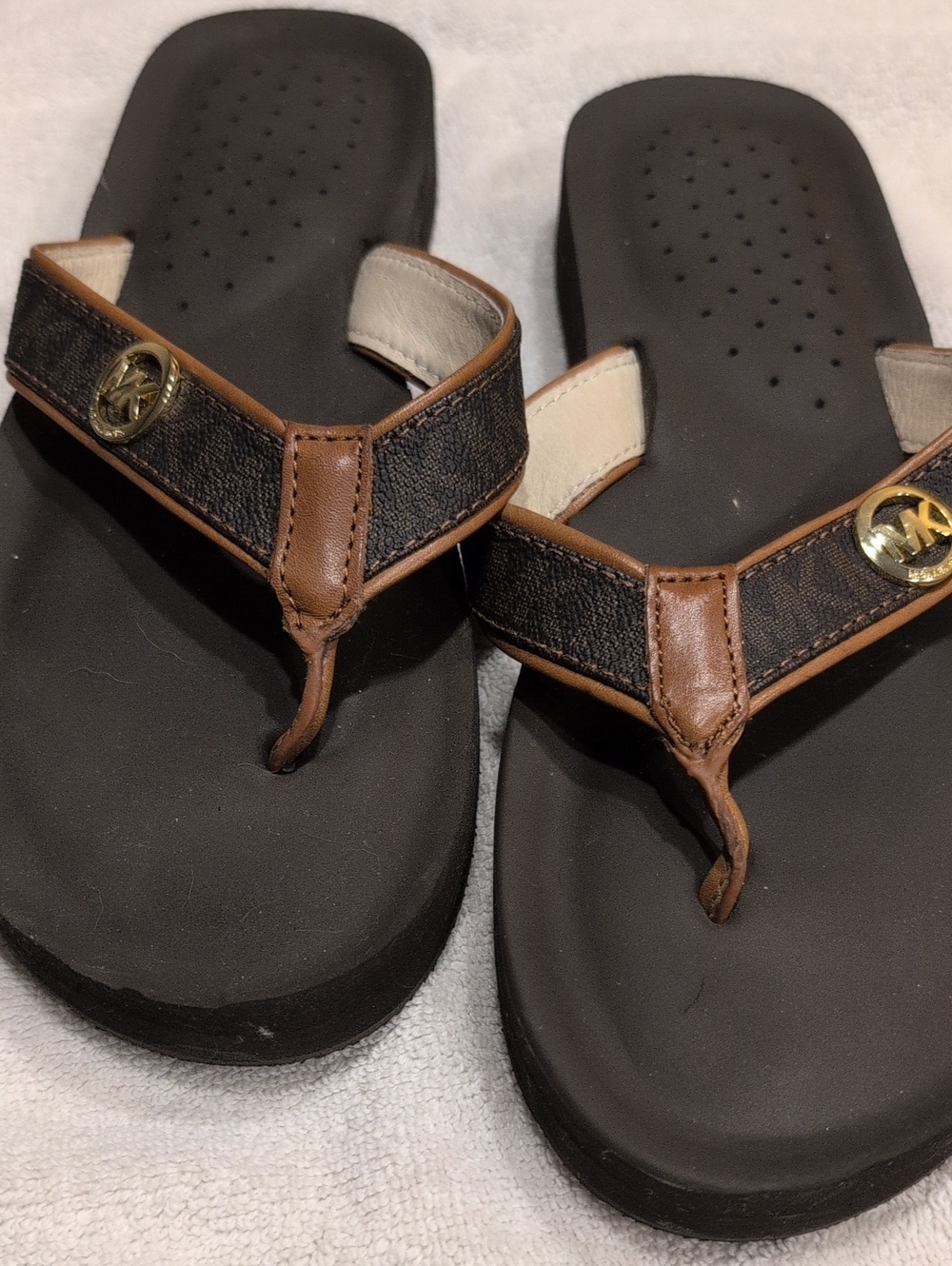 Women's Brown and Black Leather-Trim Flip Flops